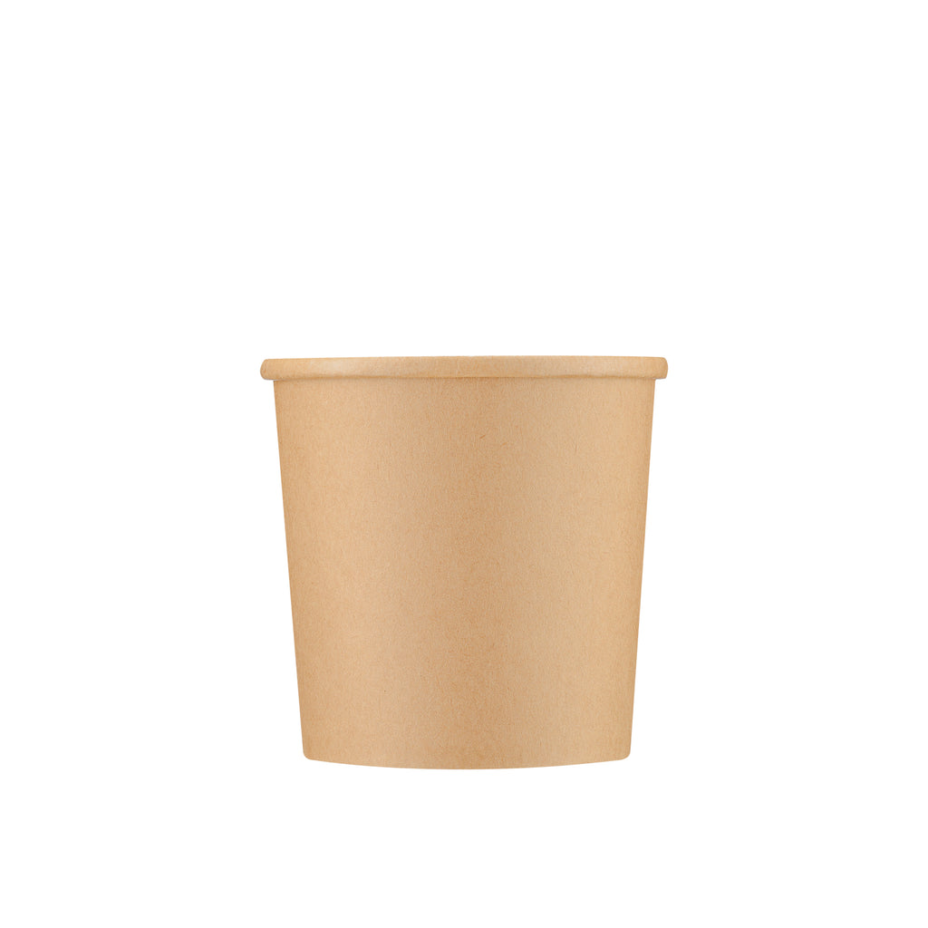 Kraft paper soup container 12oz shown from the front, displaying the rolled rim, tapered body and kraft paper finish.