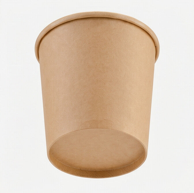 Kraft paper soup container 12oz viewed from a low angle, emphasizing the tapered body, base and rolled rim.