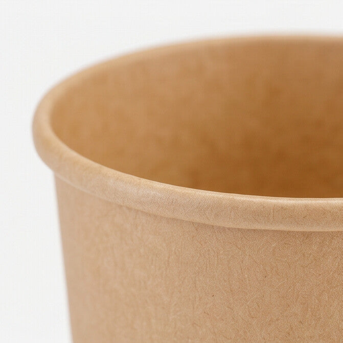 Close-up of the rolled rim and interior of a kraft paper soup container 12oz, highlighting the smooth food-grade lining and kraft paper grain.