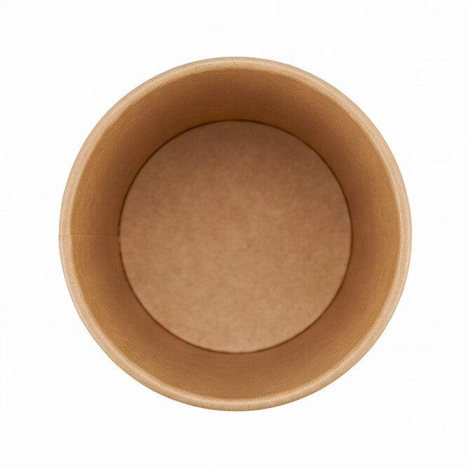 Kraft paper soup container 12oz viewed from directly above, showing the round opening, rolled rim and clean inner base on a white background.