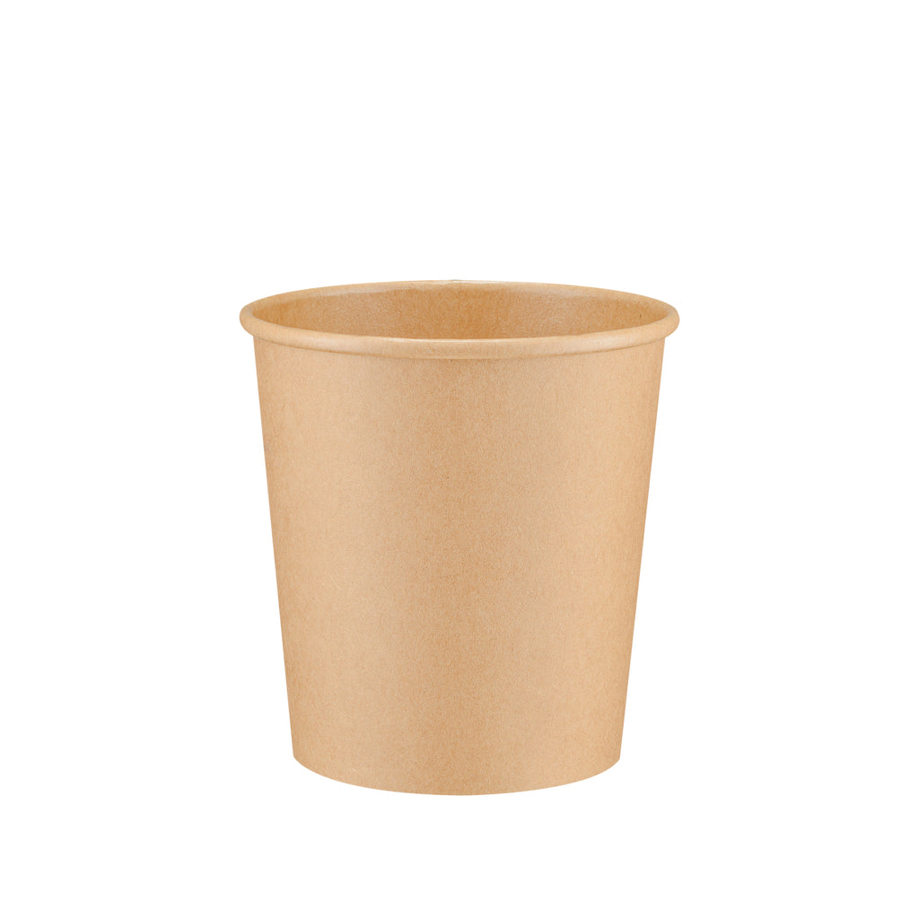 Kraft paper soup container 16oz shown from the front, displaying the rolled rim, tapered body and kraft paper finish.