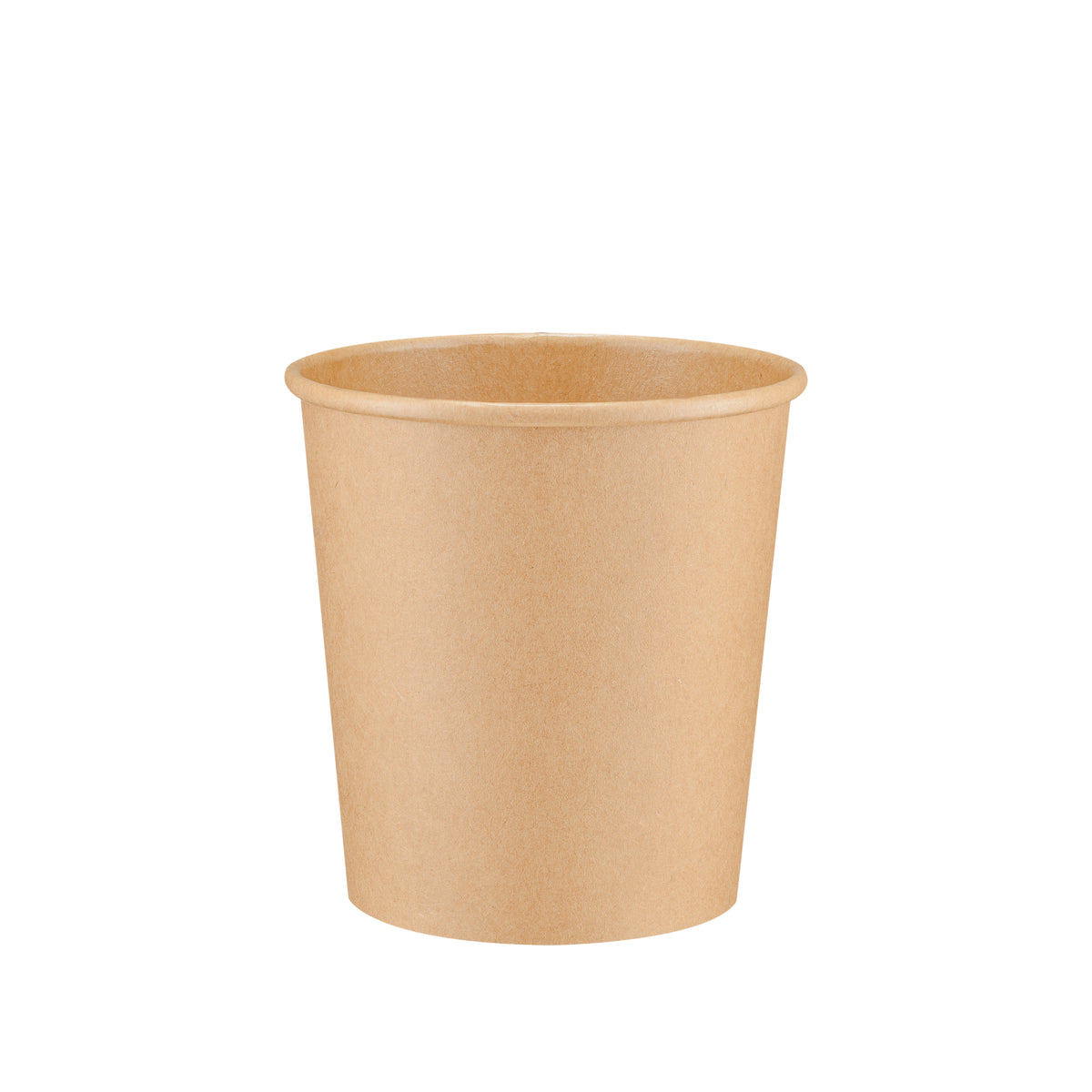 Kraft paper soup container 16oz shown from the front, displaying the rolled rim, tapered body and kraft paper finish.