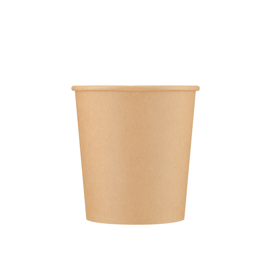 Kraft paper soup container 16oz viewed from a front angle, showing the rolled rim, body and a glimpse of the interior