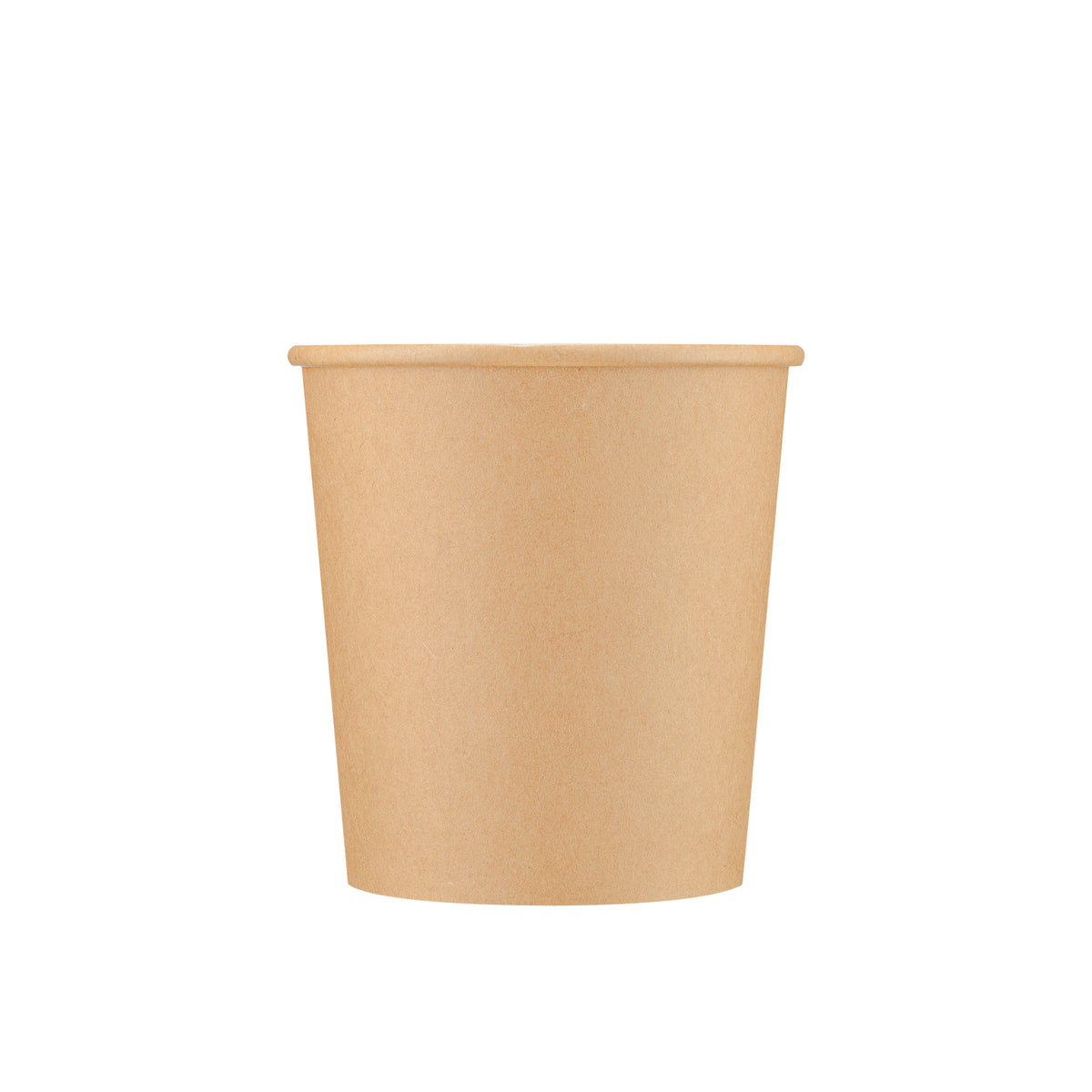 Kraft paper soup container 16oz viewed from a front angle, showing the rolled rim, body and a glimpse of the interior