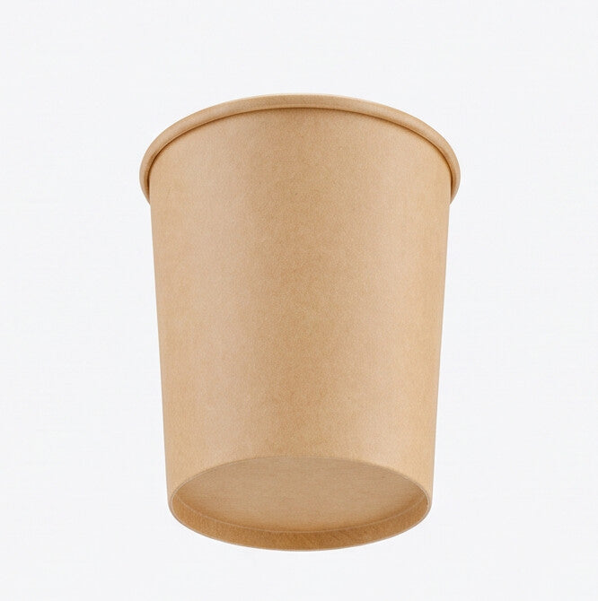 Kraft paper soup container 16oz viewed from a low angle, emphasizing the tapered body, base and rolled rim.