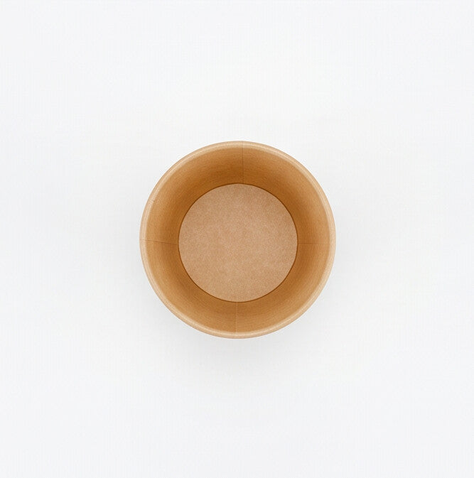 Kraft paper soup container 16oz viewed from directly above, showing the round opening, rolled rim and clean inner base on a white background.