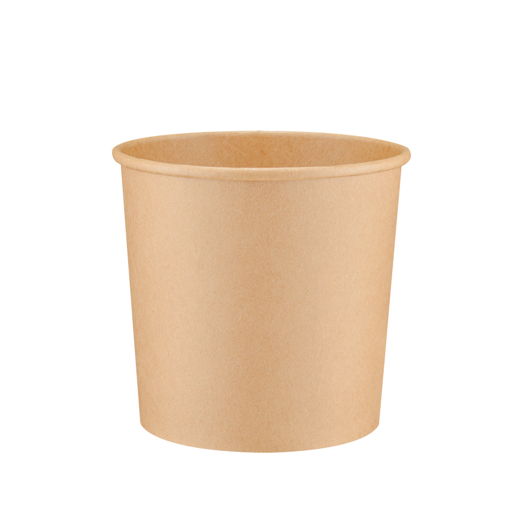 Kraft paper soup container 26oz viewed straight from the front, showing the tapered round body, rolled rim and kraft paper finish on a white background.