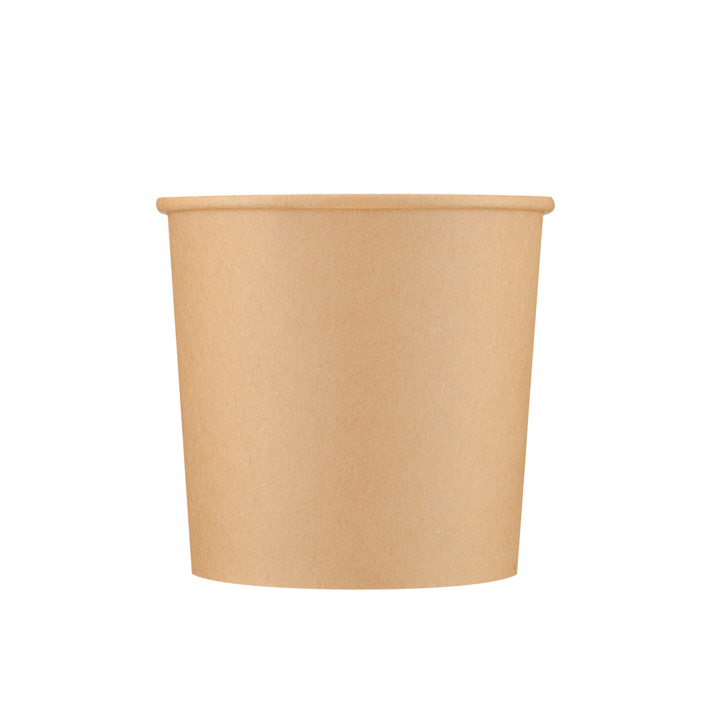 Kraft paper soup container 26oz shown from the front, displaying the rolled rim, tapered body and kraft paper finish.