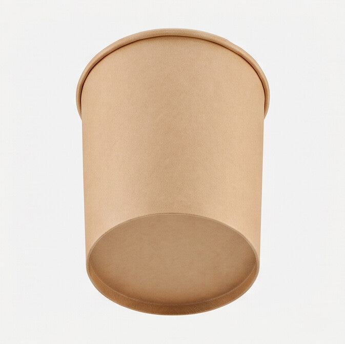 Kraft paper soup container 26oz viewed from a low angle, emphasizing the tapered body, base and rolled rim.