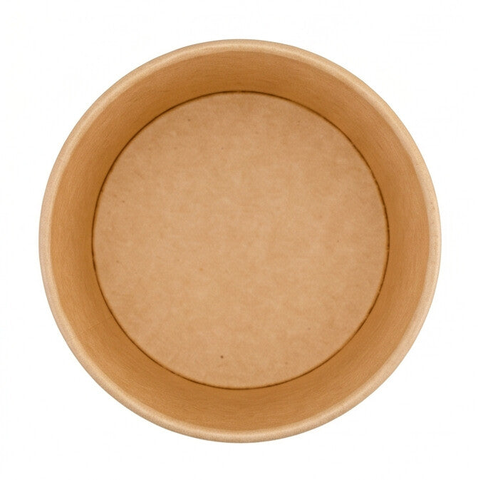 Kraft paper soup container 26oz seen from above, showing the wide round interior and rolled rim.