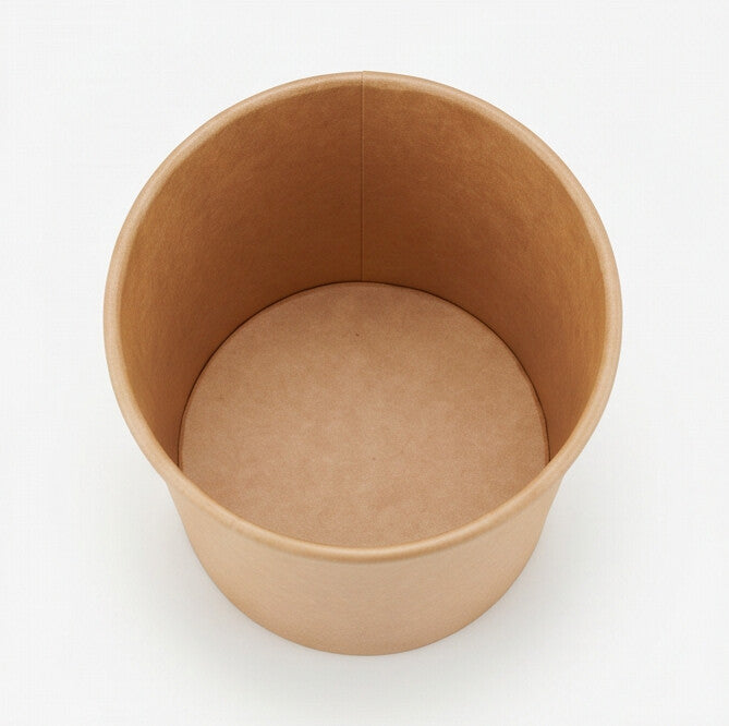Kraft paper soup container 26oz viewed from directly above, showing the round opening, rolled rim and clean inner base on a white background.