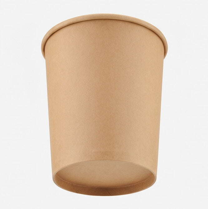 Kraft paper soup container 32oz viewed from a low front angle, showing the base, sidewall and rolled rim.