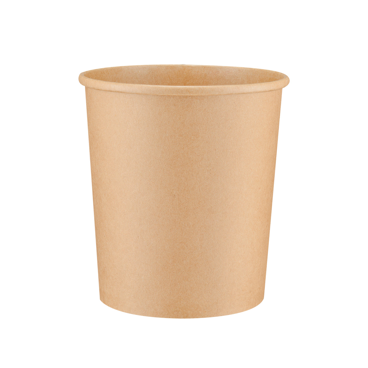 Kraft paper soup container 32oz viewed straight from the front, showing the tapered round body, rolled rim and kraft paper finish on a white background.