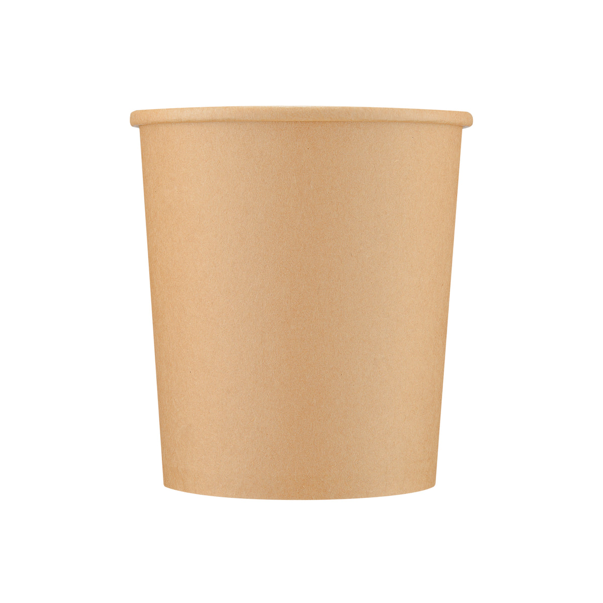 Kraft paper soup container 32oz viewed straight from the front, showing the tapered round body, rolled rim and kraft paper finish on a white background.