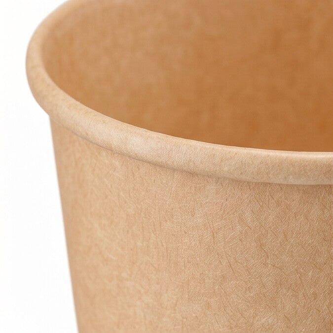 Close-up of the rolled rim and interior of a kraft paper soup container 32oz, highlighting the smooth food-grade lining and kraft paper grain.
