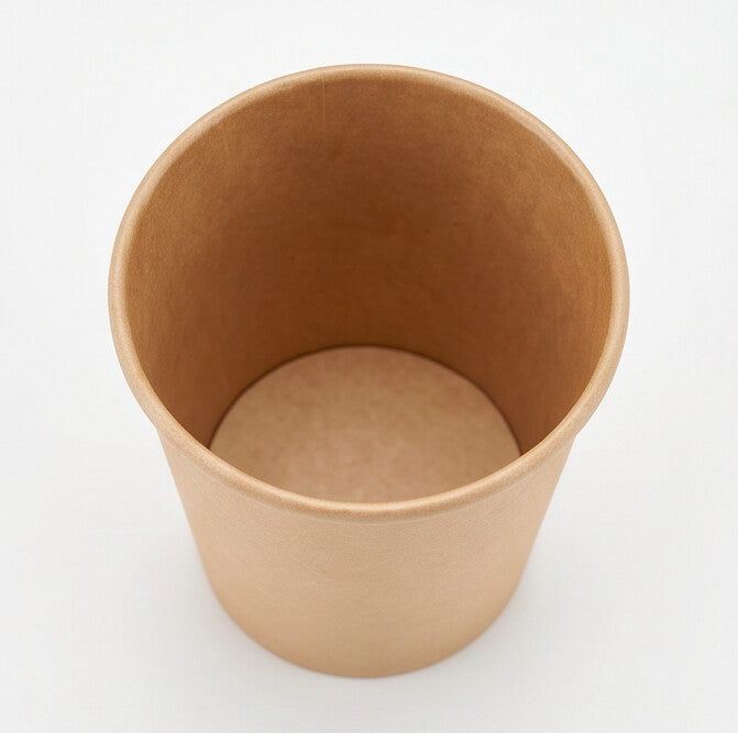 Kraft paper soup container 32oz viewed from directly above, showing the round opening, rolled rim and clean inner base on a white background.
