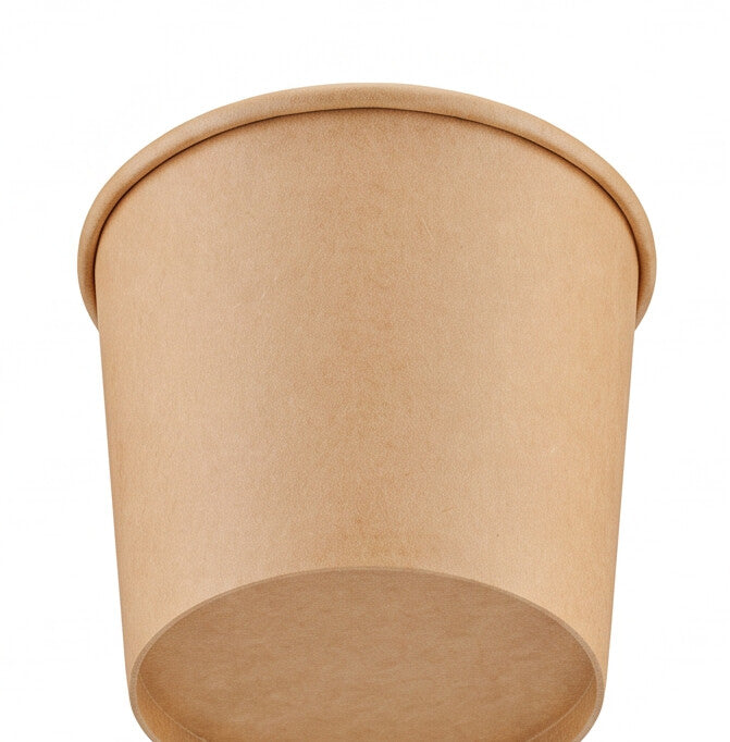 Kraft paper soup container 8oz viewed from a low front angle, showing the base, sidewall and rolled rim.