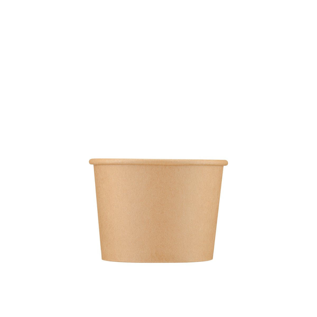 Kraft paper soup container 8oz viewed straight from the front, showing the tapered round body, rolled rim and kraft paper finish on a white background.