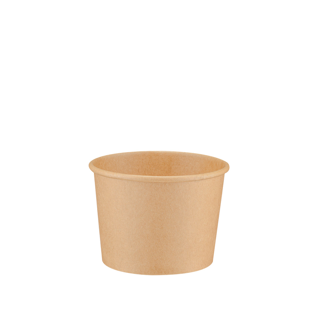 Kraft paper soup container 8oz seen from above, showing the deep round interior and rolled rim.