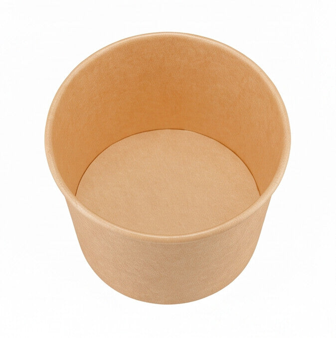 Kraft paper soup container 8oz viewed from directly above, showing the round opening, rolled rim and clean inner base on a white background.