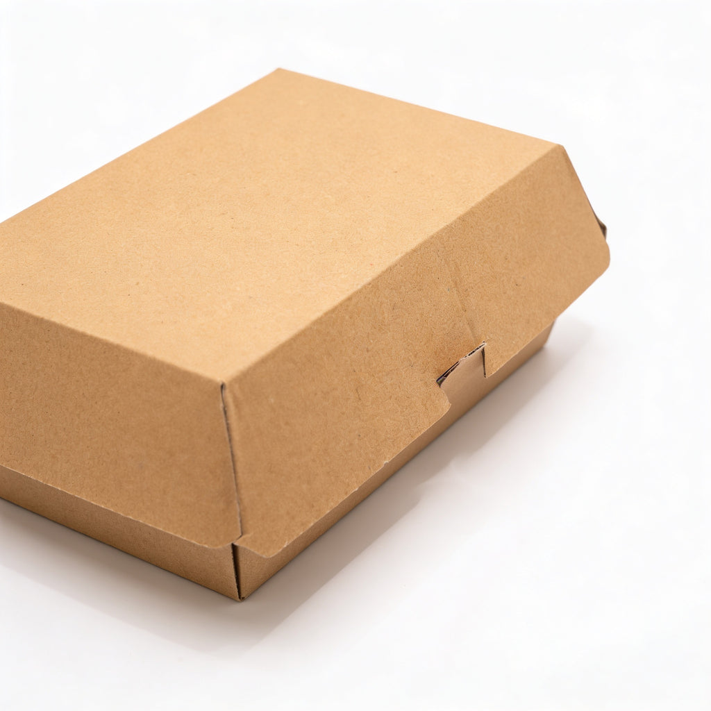 Large corrugated burger box closed, three-quarter angle view showing natural kraft brown corrugated construction and locking tab closure on white background