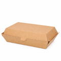 Large corrugated burger box closed, three-quarter angle view showing natural kraft brown corrugated construction and locking tab closure on white background
