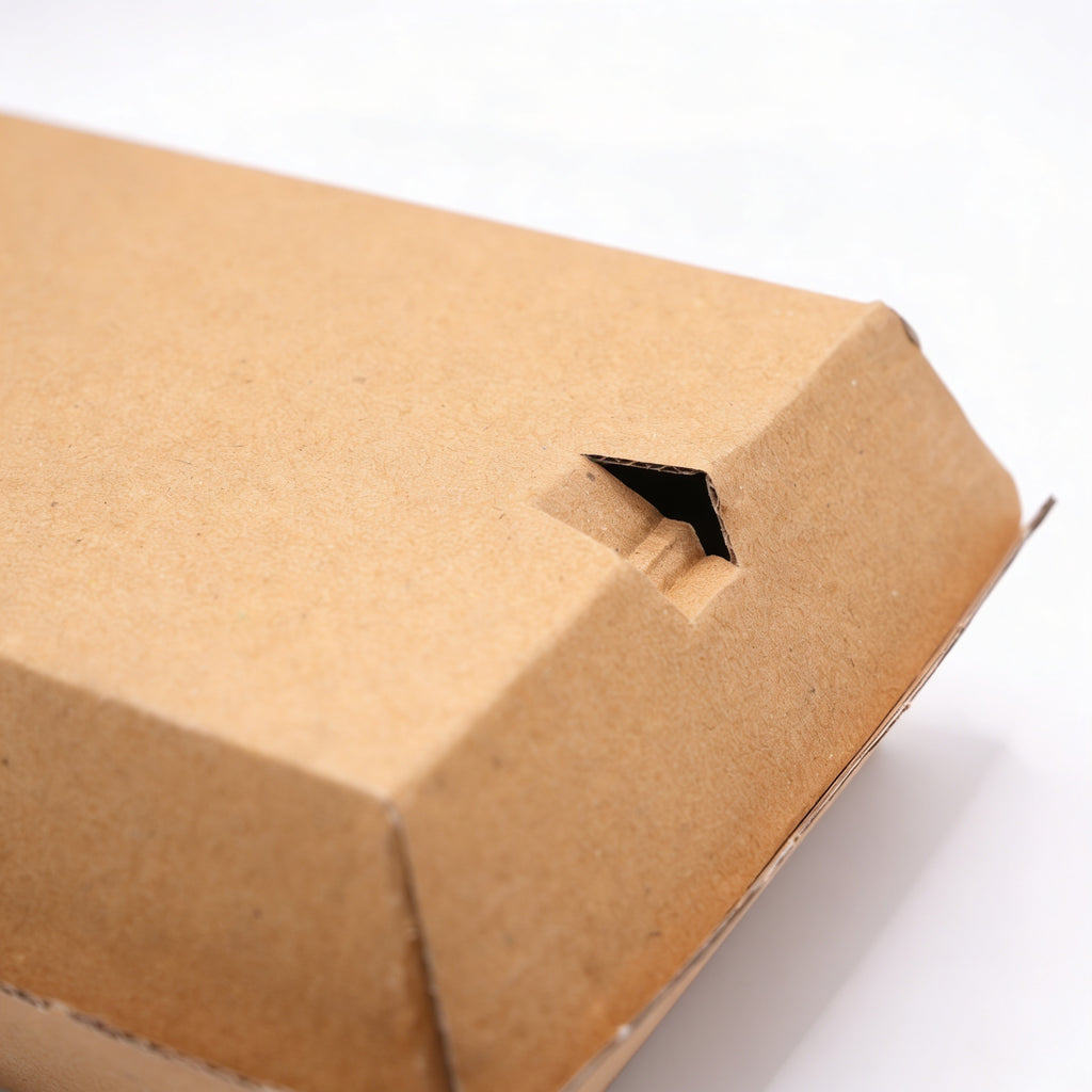 Large corrugated burger box closed, close-up view of locking tab detail showing kraft corrugated board construction and secure closure mechanism