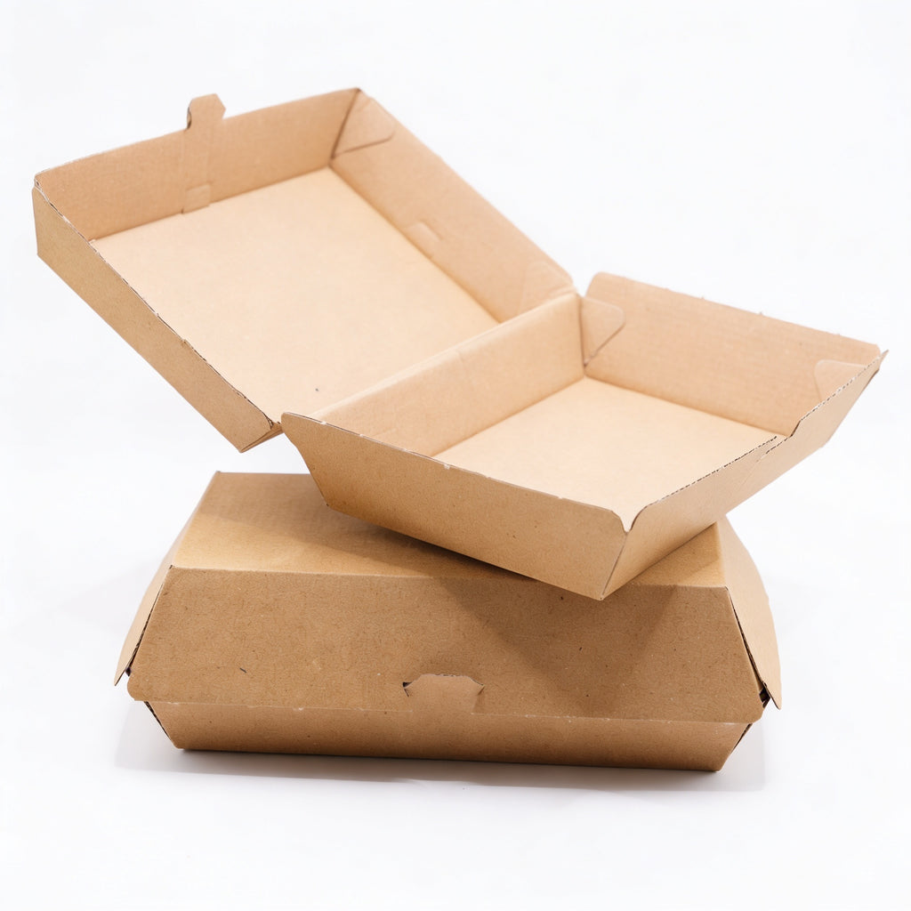 Large corrugated burger boxes group view showing two boxes stacked, one open with lid raised and one closed, natural kraft brown corrugated construction on white background