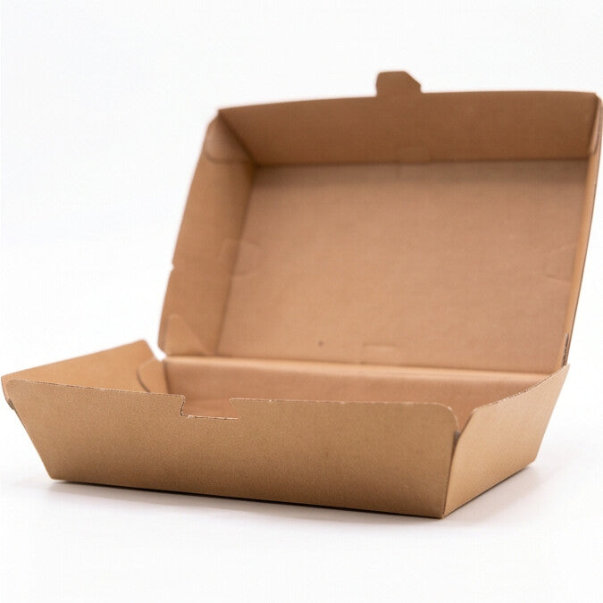 Large corrugated burger box open, three-quarter angle view showing lid fully raised and interior of natural kraft brown corrugated construction