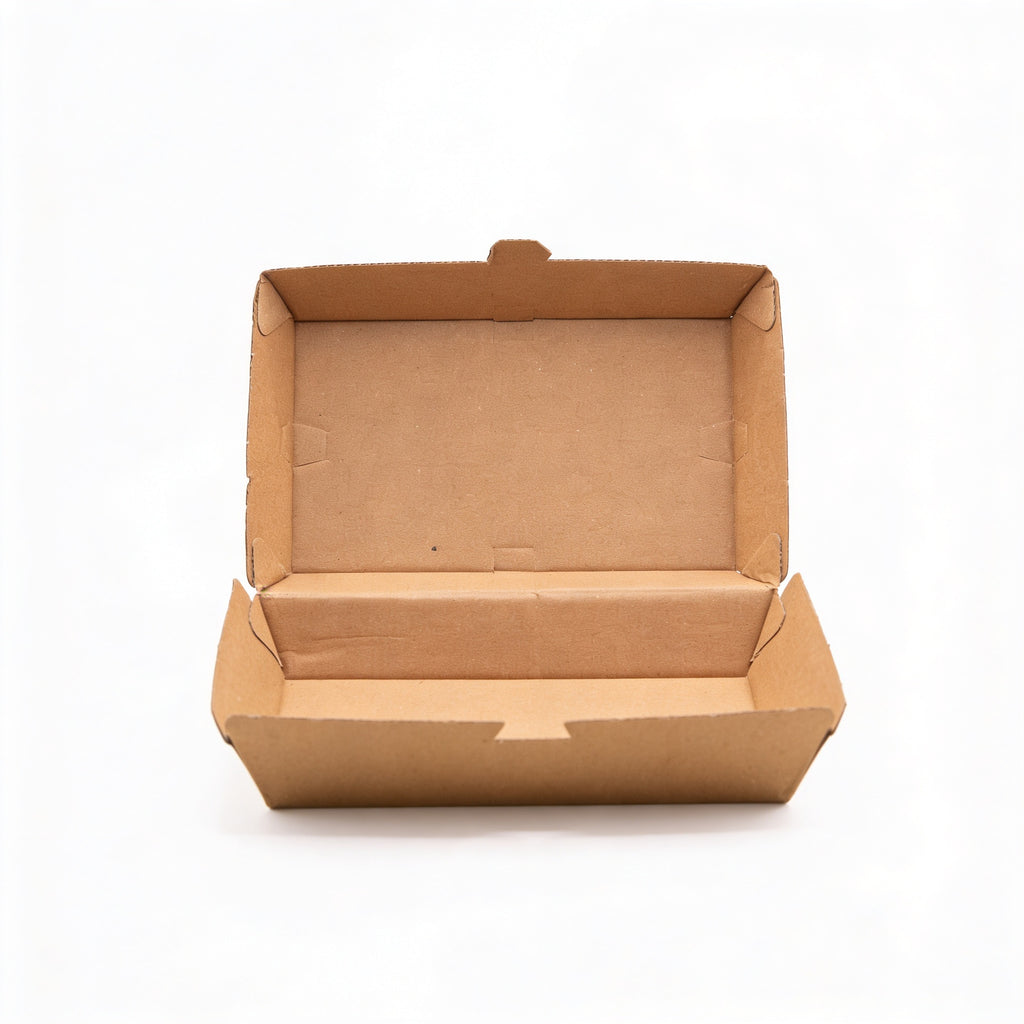 Large corrugated burger box open, straight front view showing lid fully raised and interior depth of natural kraft brown corrugated construction on white background