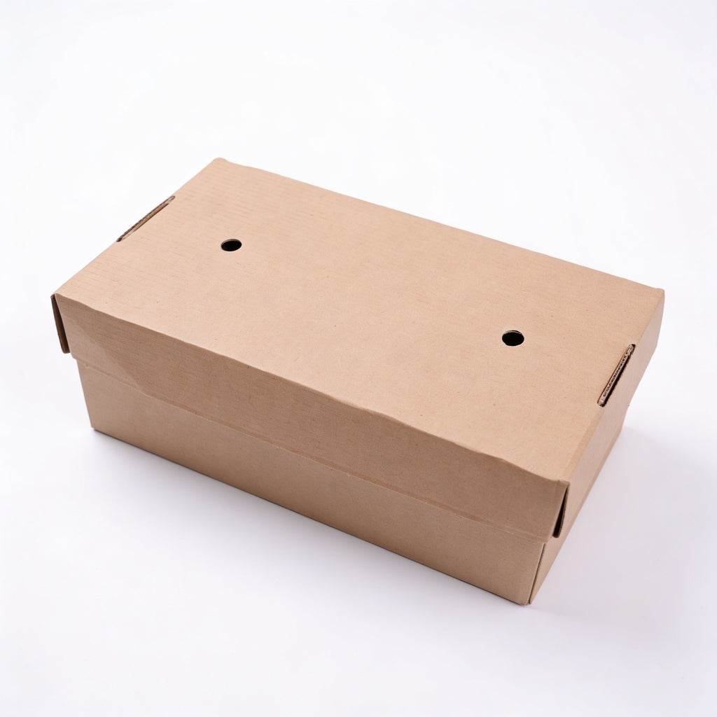 Large gourmet burger box closed, three-quarter angle view showing natural kraft brown corrugated construction with separate vented lid on white background
