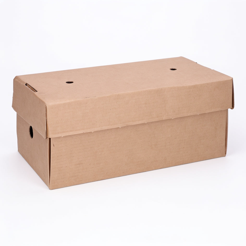Large gourmet burger box closed, straight front view showing natural kraft brown corrugated box with separate vented lid featuring ventilation holes on white background