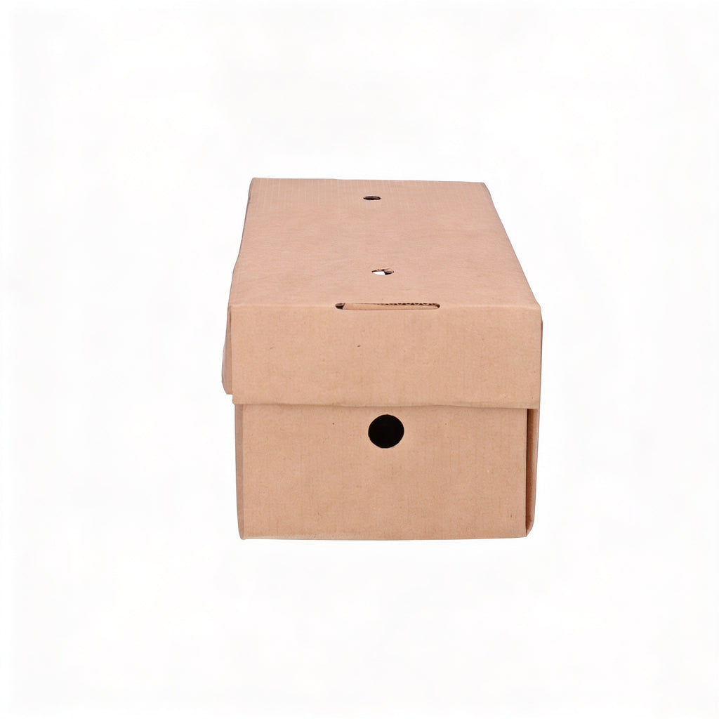 Large gourmet burger box closed, straight side view showing natural kraft brown corrugated construction with vented lid and side ventilation hole detail
