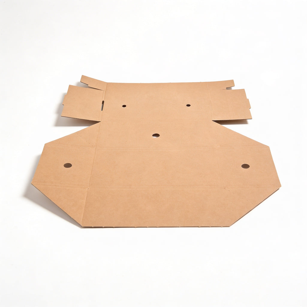 Large gourmet burger box flat unfolded blanks, top-down view showing die-cut kraft board sheets for lid and base with ventilation holes before assembly on white background
