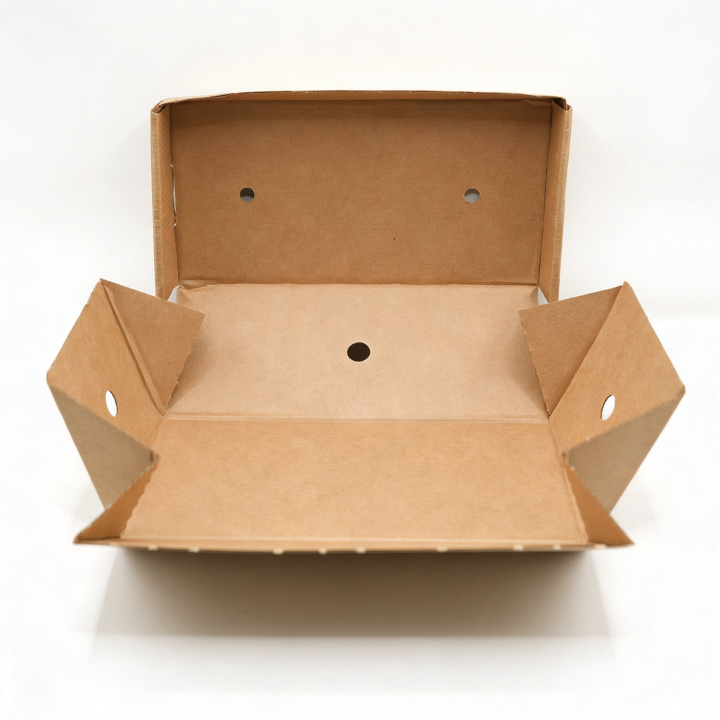 Large gourmet burger box open, straight front view showing lid fully raised revealing spacious interior base and vented lid underside in natural kraft brown corrugated construction