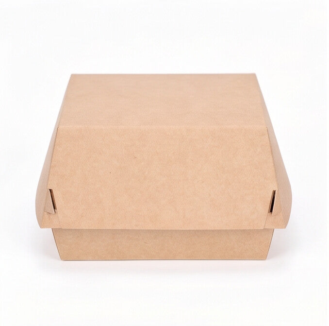 Large kraft burger box closed, straight front view showing natural kraft paper construction and locking tab closure on white background