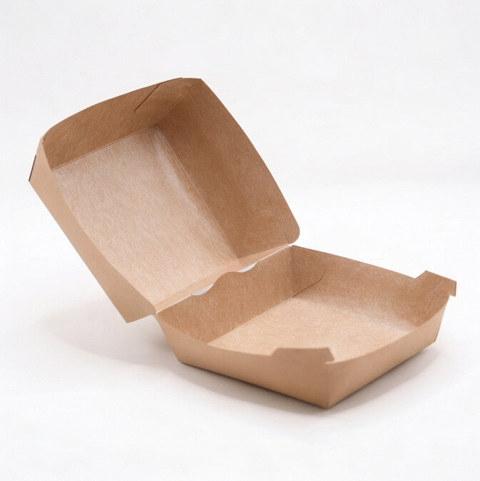 Large kraft burger box open, three-quarter side angle view showing lid partially raised and interior of natural kraft paper construction on white background