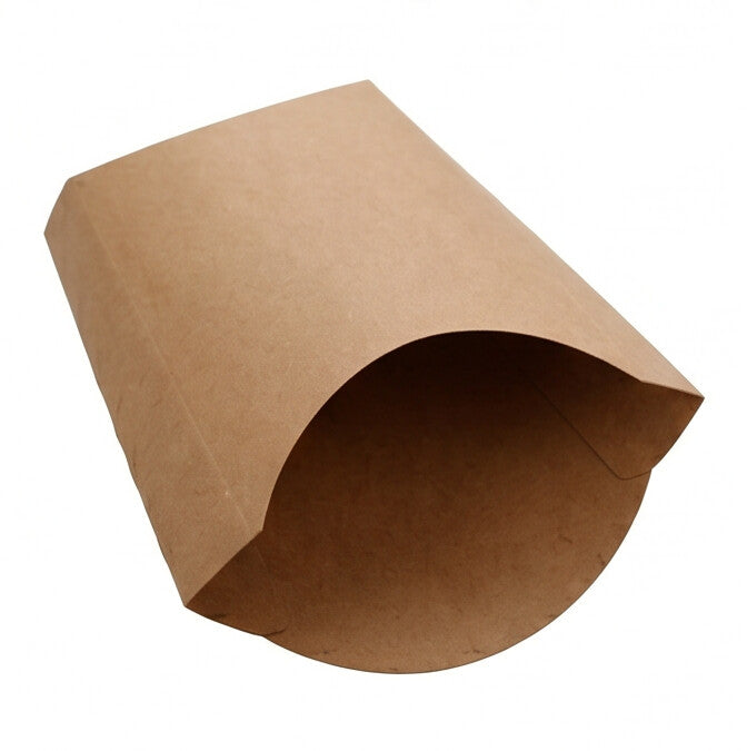 Large kraft chip scoop, overhead angle view showing assembled upright scoop with wide curved opening and deep interior of natural kraft brown construction on white background
