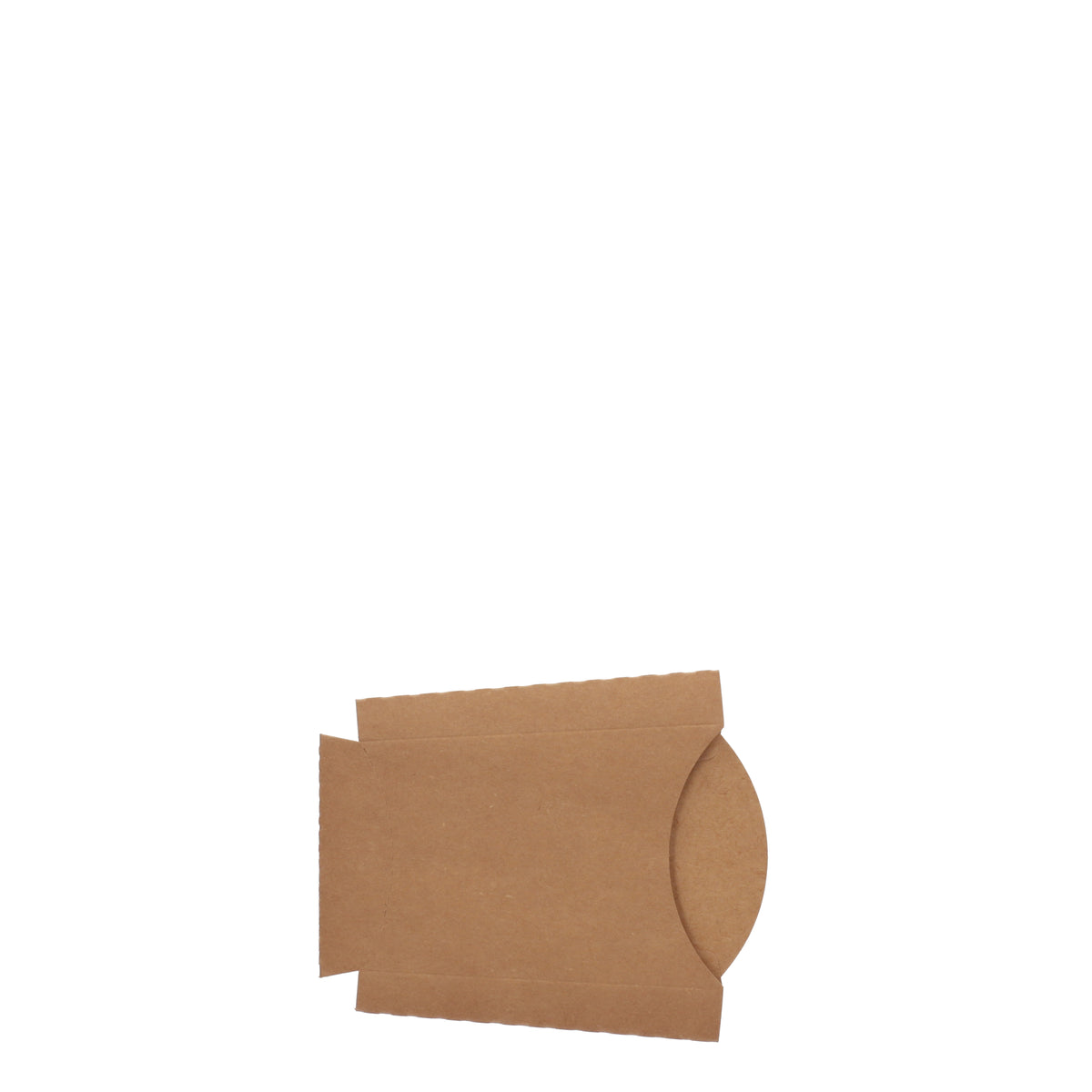 Large kraft chip scoop, three-quarter angle view showing flat unassembled scoop on its side with oval opening and natural kraft brown board construction on white background
