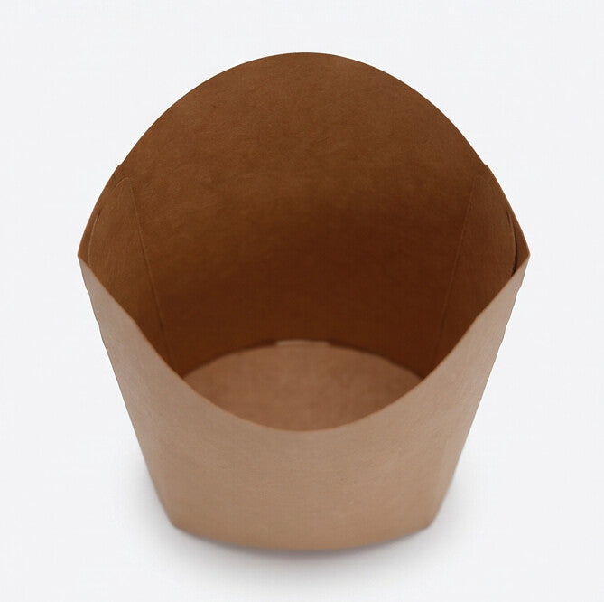 Large kraft chip scoop, perspective angle view showing assembled scoop on its side with open rounded end and natural kraft brown finish on white background
