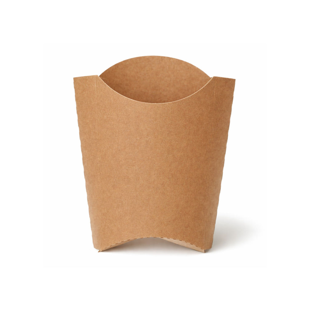 Large kraft chip scoop, straight front view showing assembled upright scoop with curved top opening and natural kraft brown construction on white background