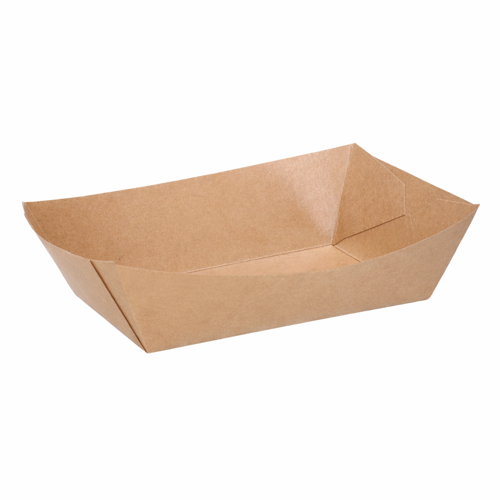 Large kraft paper boat tray, three-quarter angle view showing open rectangular tray with flared sides and natural kraft brown finish on white background
