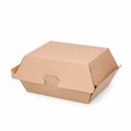 Medium corrugated burger boxes, straight front view showing one closed box and one open box side by side, natural kraft brown corrugated construction on white background