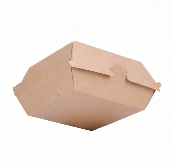 Medium corrugated burger box closed, three-quarter top angle view showing natural kraft brown corrugated construction and locking tab closure on white background