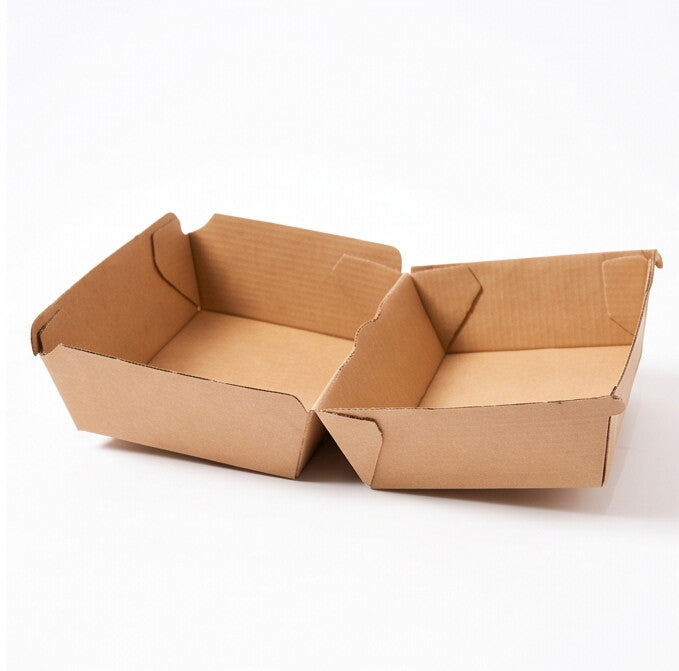 Medium corrugated burger boxes open and flat, group view showing two boxes with lids fully open revealing interior of natural kraft brown corrugated construction