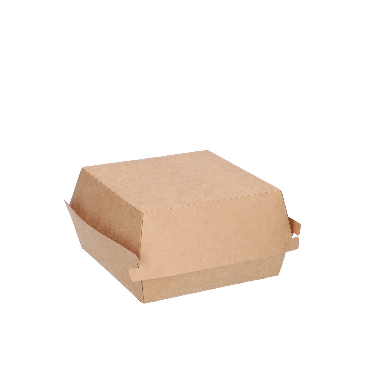 Medium kraft burger box closed, straight front view showing lid fully raised and interior depth of natural kraft paper construction on white background