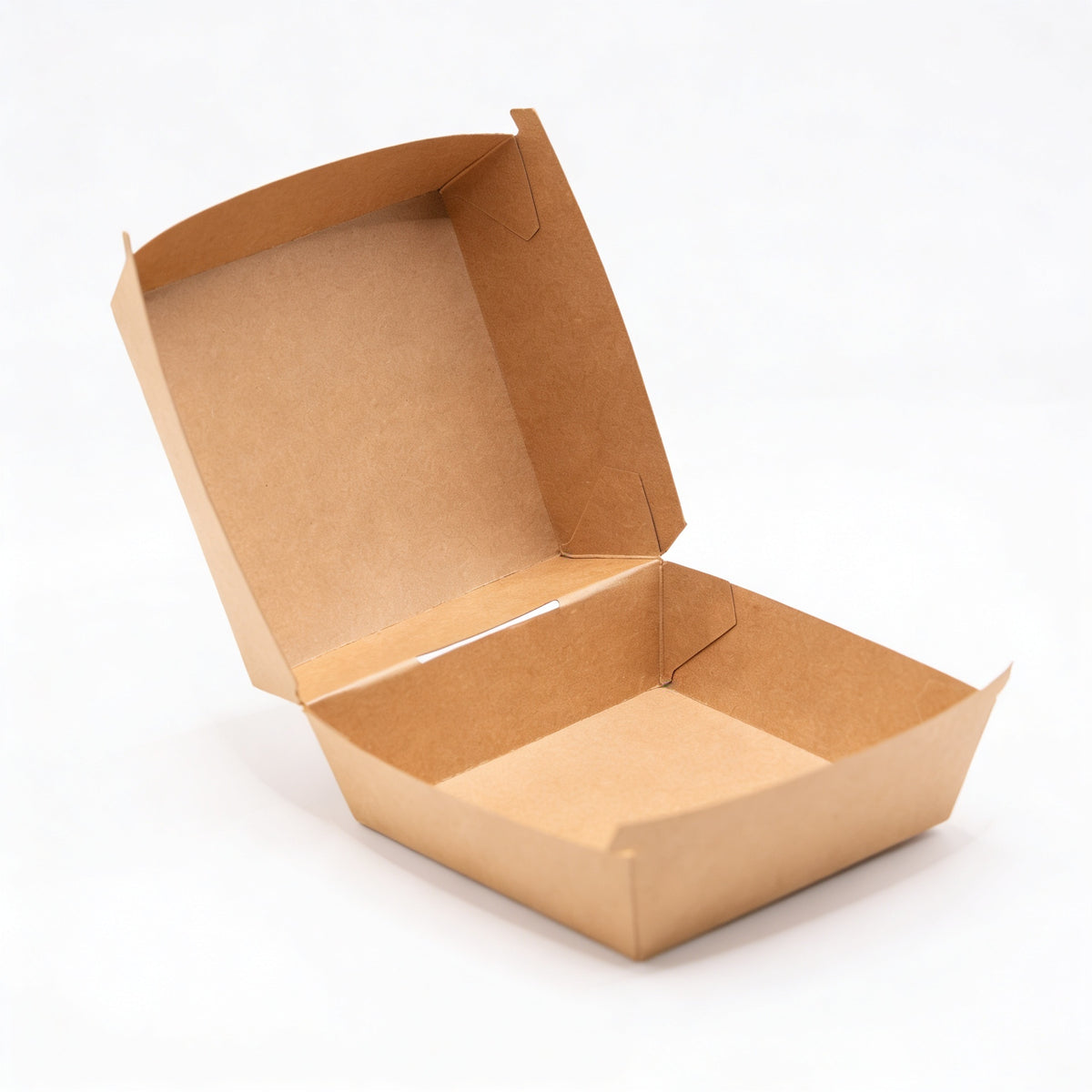 Medium kraft burger box open, three-quarter angle view showing lid fully raised and interior of natural kraft paper construction on white background