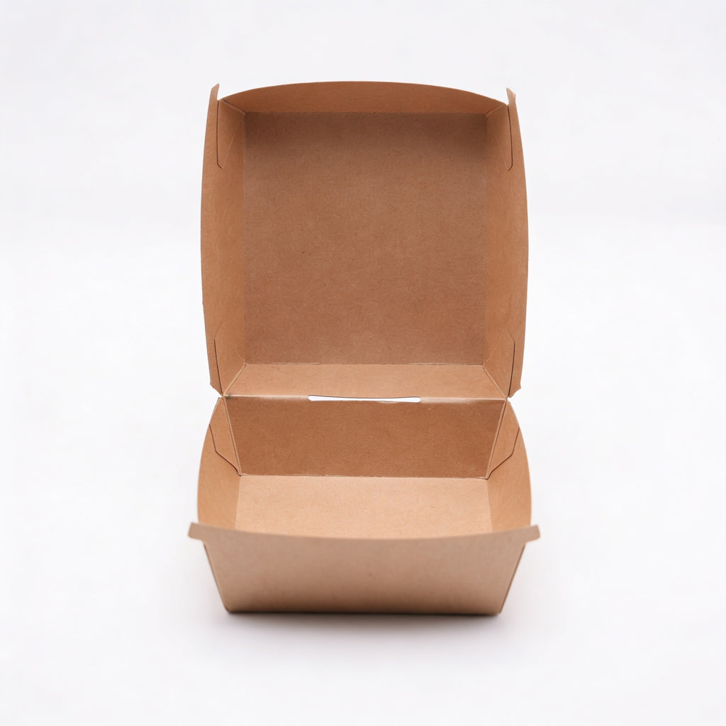 Medium kraft burger box open, three-quarter top angle view showing lid fully raised and interior base of natural kraft paper construction on white background