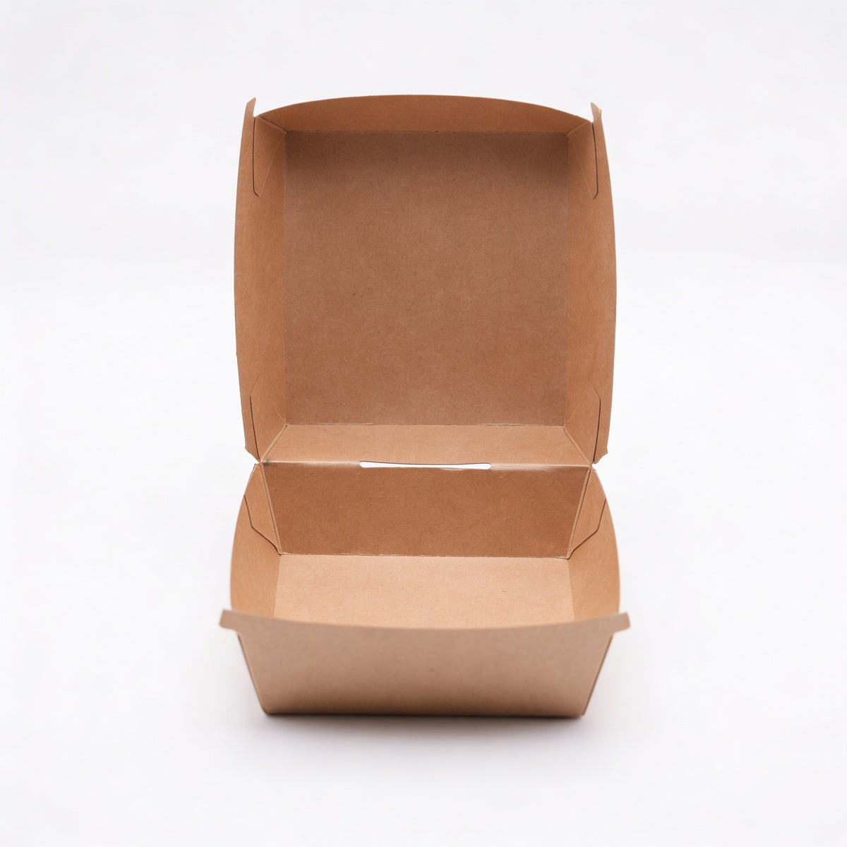 Medium kraft burger box open, three-quarter top angle view showing lid fully raised and interior base of natural kraft paper construction on white background