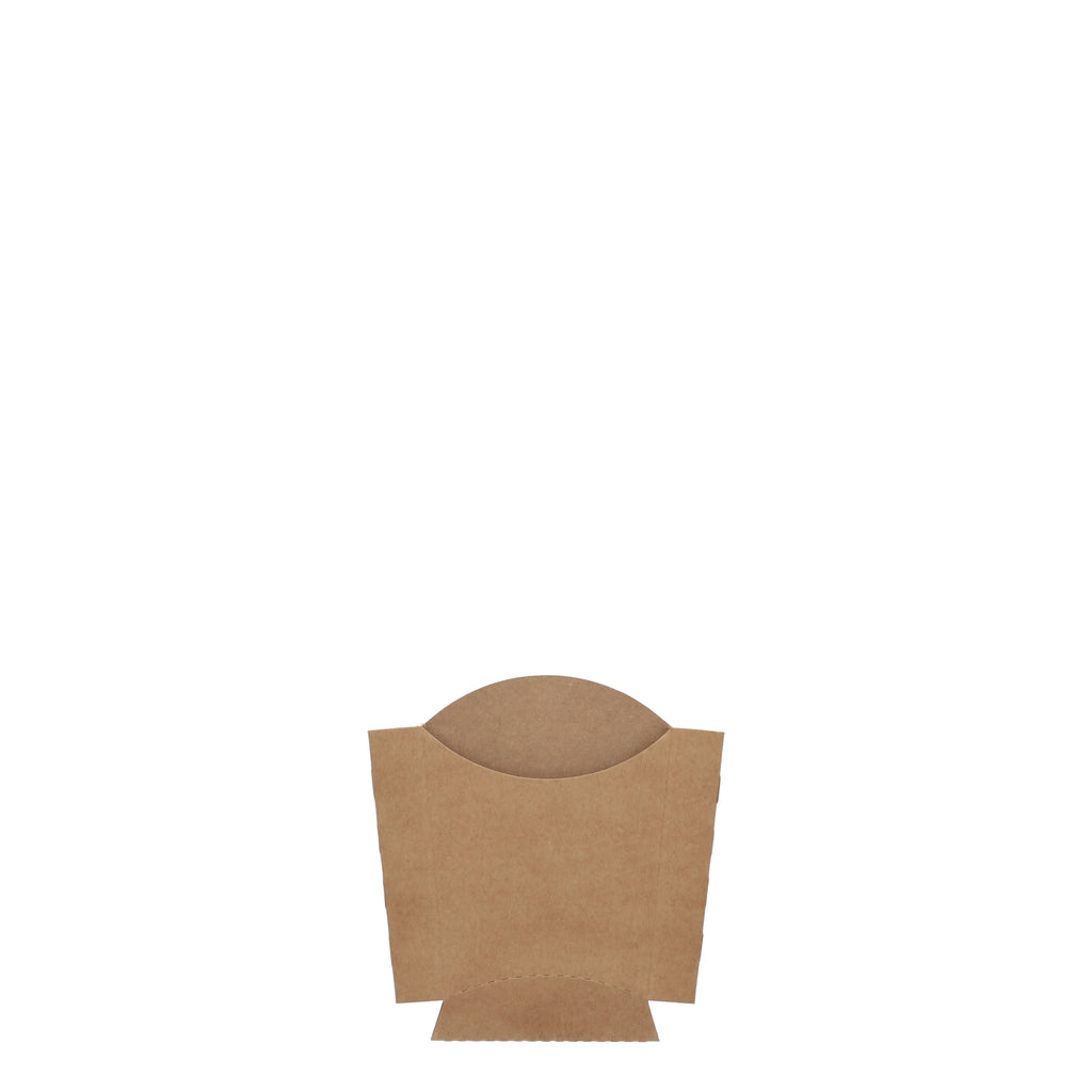 Medium kraft chip scoop, straight front view showing partially assembled flat scoop with rounded top opening and natural kraft brown construction on white background
